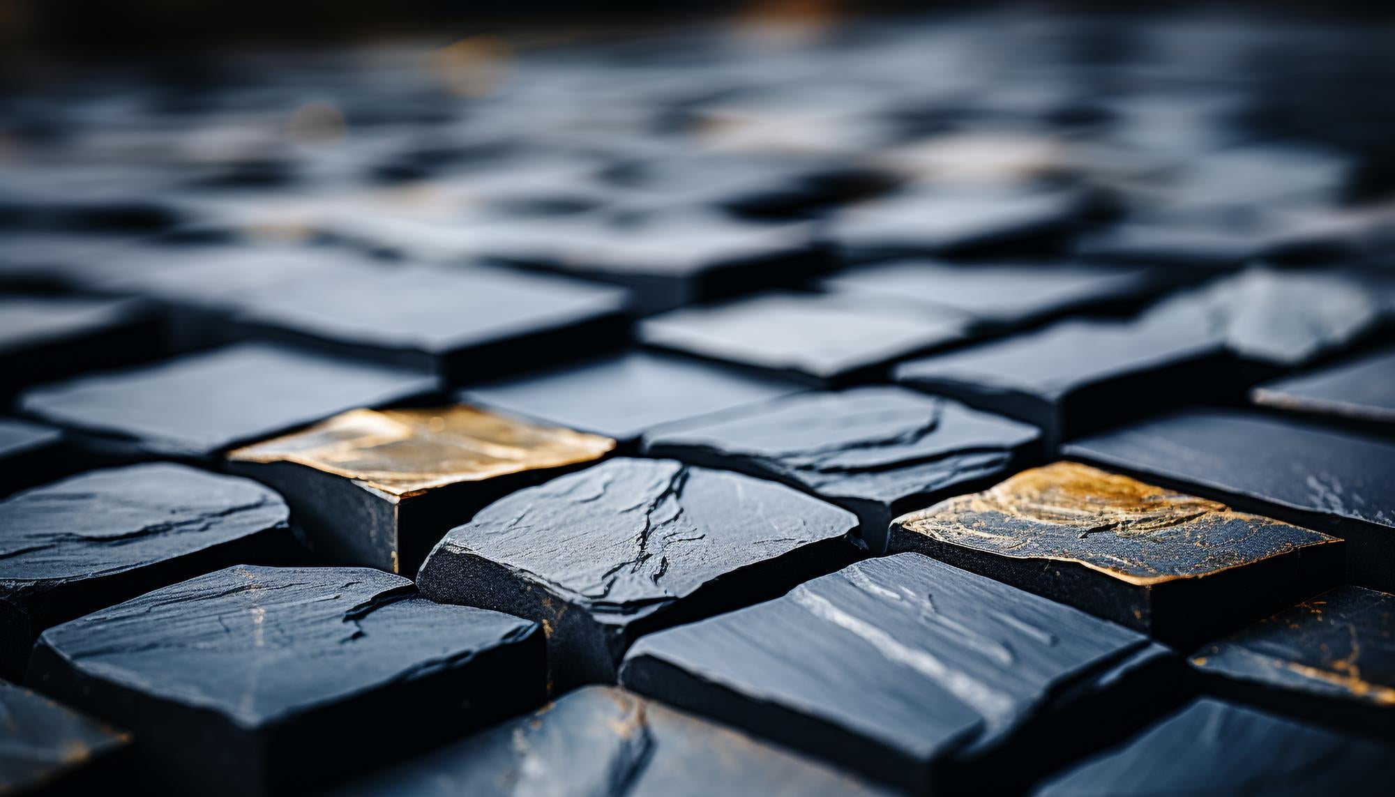 A close-up view of textured, dark stone tiles with a few tiles highlighted by golden reflections, creating a pattern of raised, uneven squares. The depth of field blurs the background tiles.