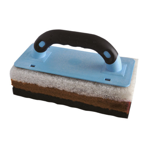 A rectangular emulsifying pad with a layered sponge and a blue plastic handle, used for grout cleaning and other surfaces. The handle is black with blue accents.