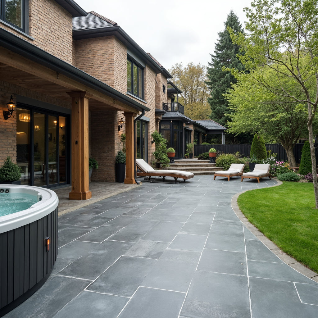 Spacious backyard patio with Palmer Graphite Porcelain Paving Slabs, lounge chairs, a hot tub, and manicured lawn beside a two-story brick house with large windows, surrounded by trees and shrubs.