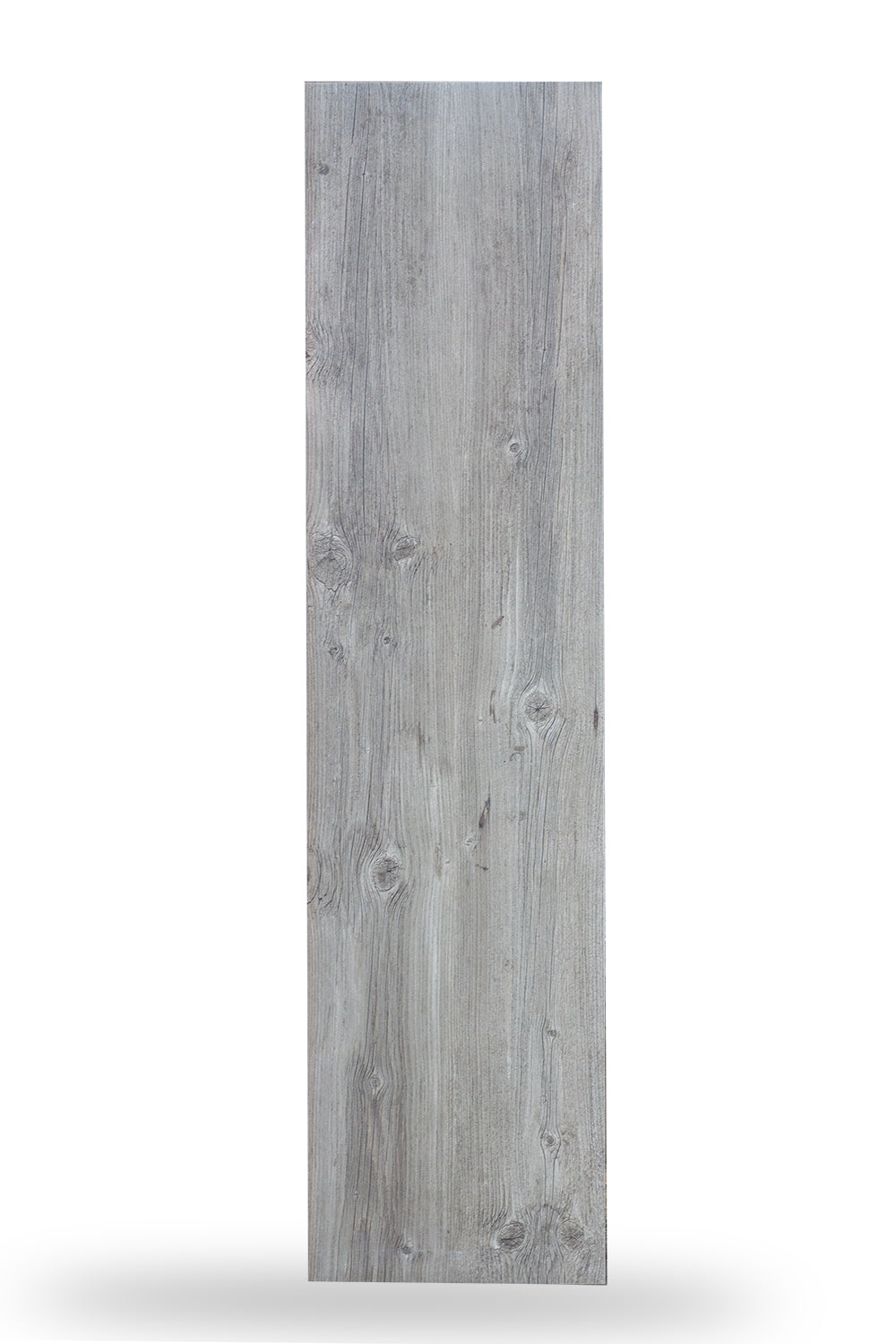 A single rectangular grey wood grain porcelain tile, showcasing natural grain and knot patterns, is displayed vertically against a white background.