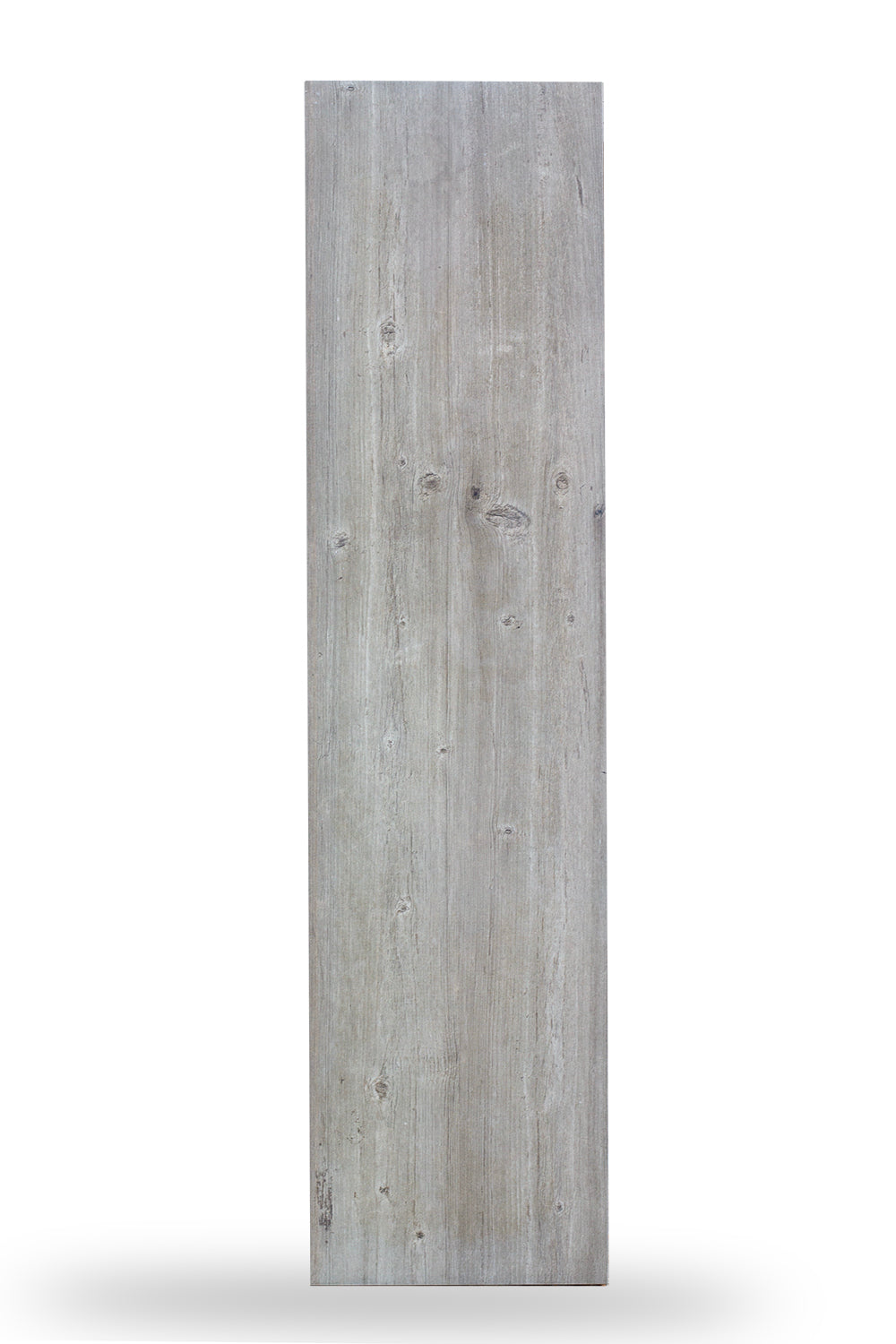 A rectangular, vertically-oriented grey wood grain porcelain tile with a light gray, weathered finish and visible knots, displayed against a plain white background.