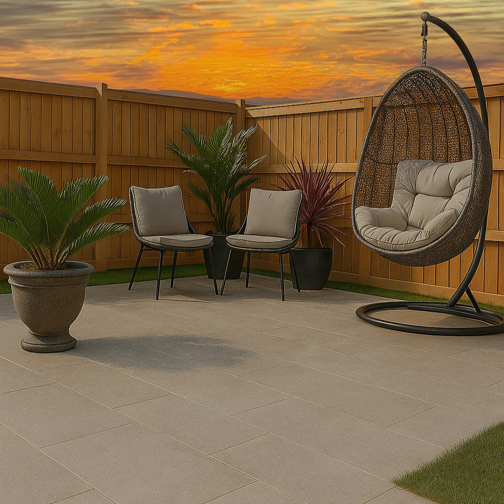 A patio with two gray chairs, a hanging egg chair, potted plants, and wooden fencing sits atop light beige porcelain tile, set against a dramatic orange sunset sky.