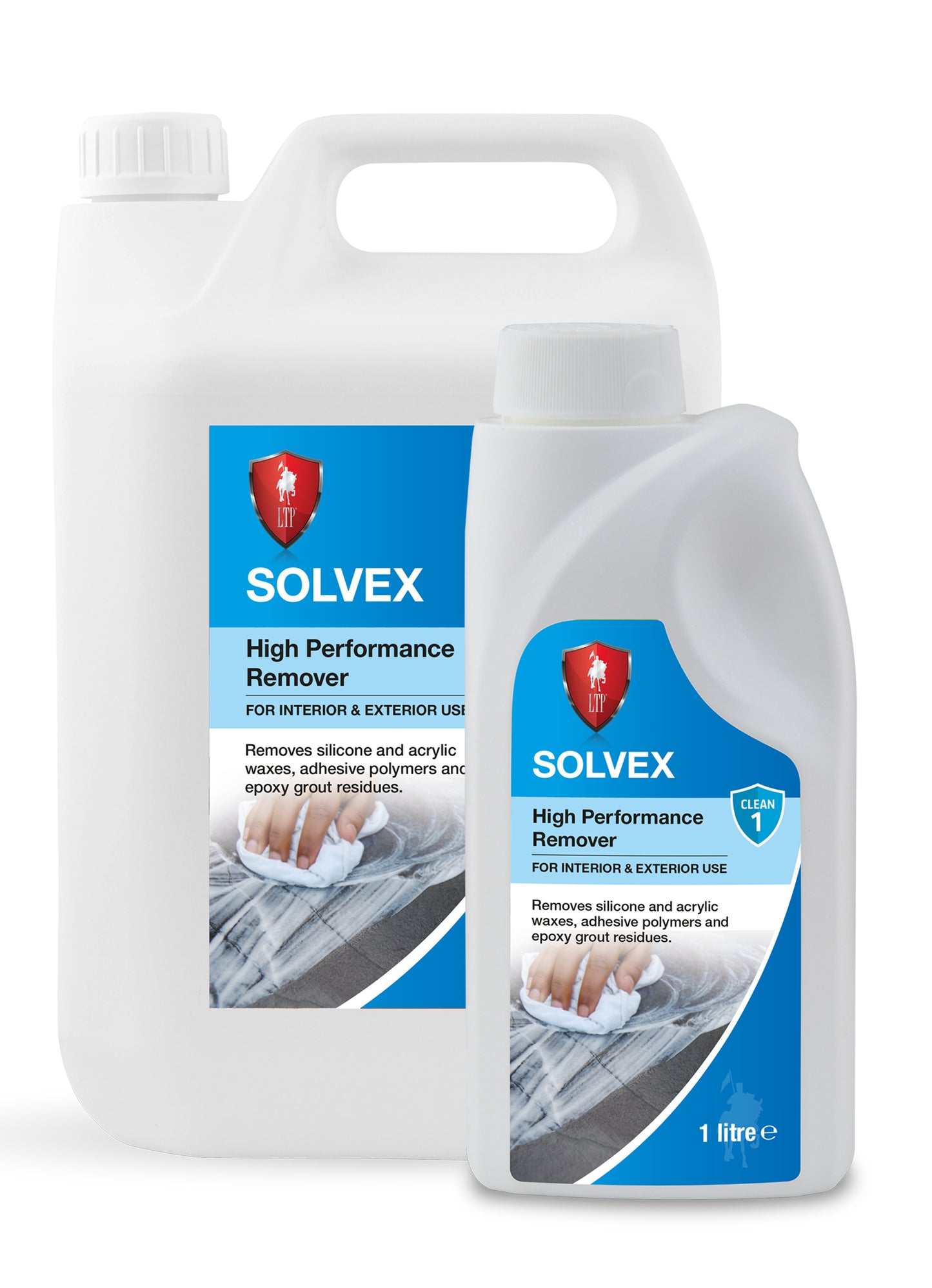 Two white plastic containers of SOLVEX High Performance Remover, one large and one small, with blue labels and a red shield logo—an effective epoxy grout remover and sealer remover designed for stone, silicone, waxes, adhesives, and grout residues.