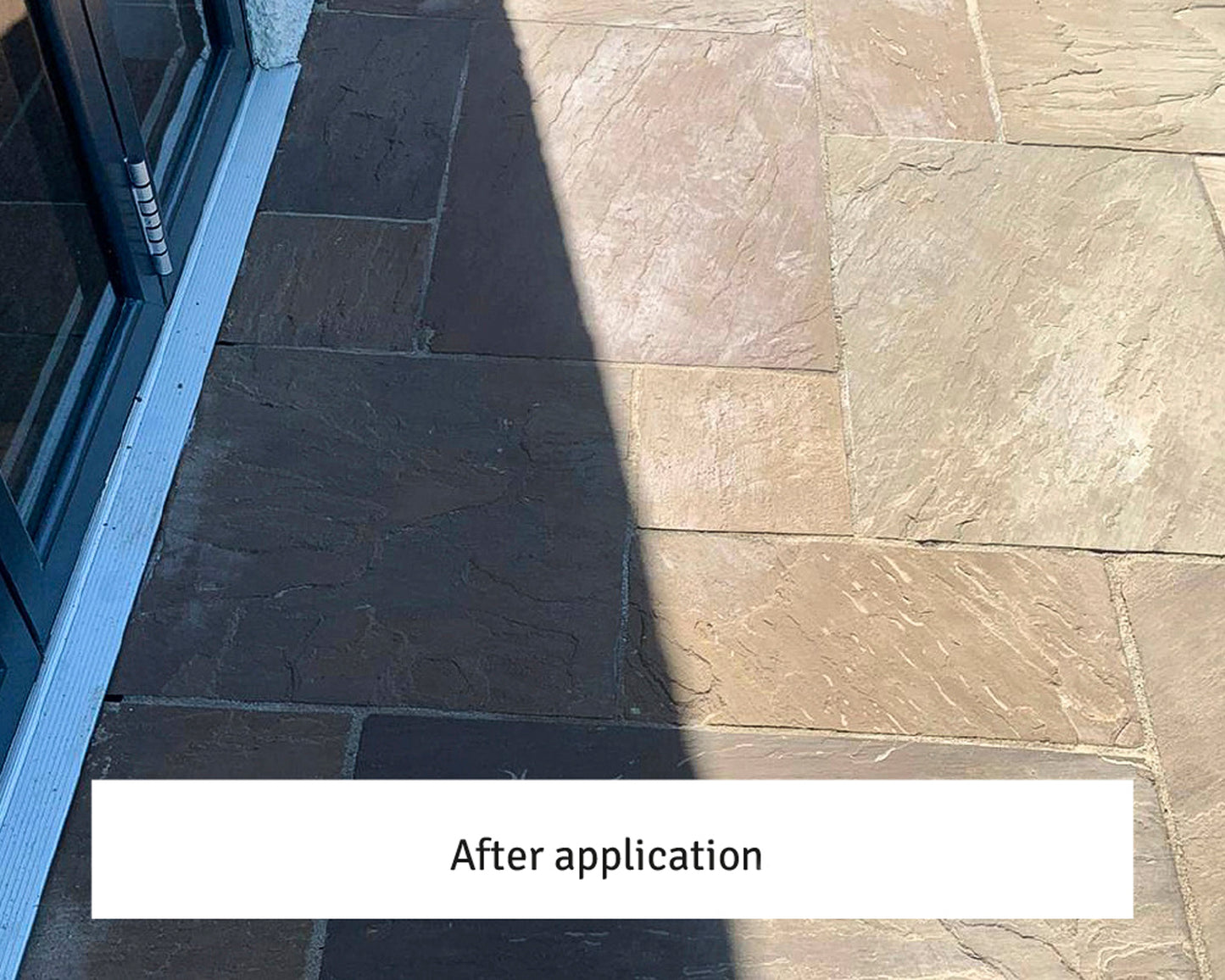 Stone patio tiles next to a glass door, half in sunlight and half in shadow, appear clean and even. A white label at the bottom reads "After application," suggesting a sealer remover or epoxy grout remover was used for treatment or cleaning.
