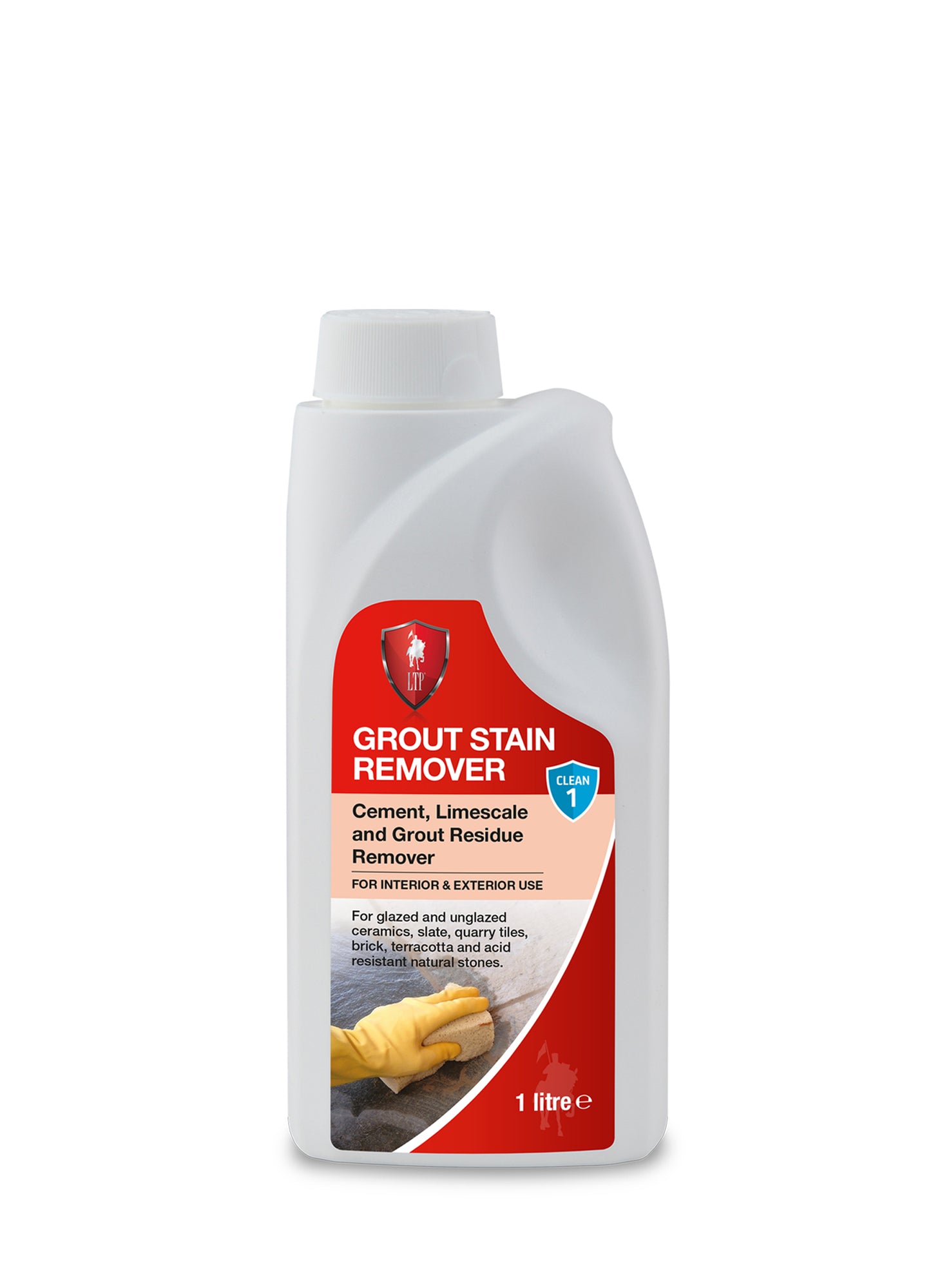 A white 1-litre bottle of grout residue remover with a red label, showing gloved hands cleaning tiles. The label lists its use for removing cement, limescale, and grout residue on glazed and unglazed surfaces.