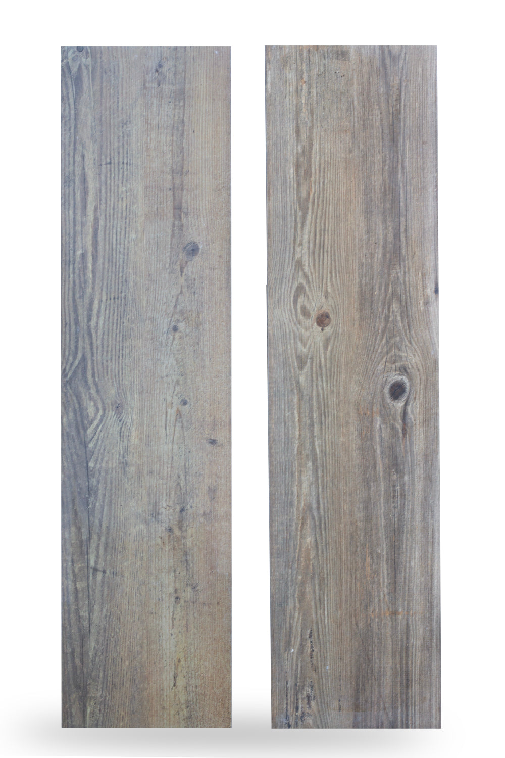 Two vertically oriented planks with a natural wood appearance, showcasing knots and brown variations, stand upright against a white background—ideal for illustrating wood-look porcelain tile.