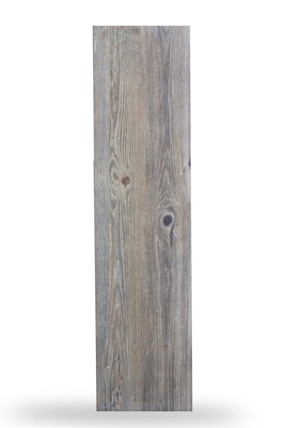 Rectangular wooden plank with a weathered gray-brown finish, showing natural wood grain patterns and knots, resembles an outdoor porcelain tile with a natural wood appearance, isolated on a white background.