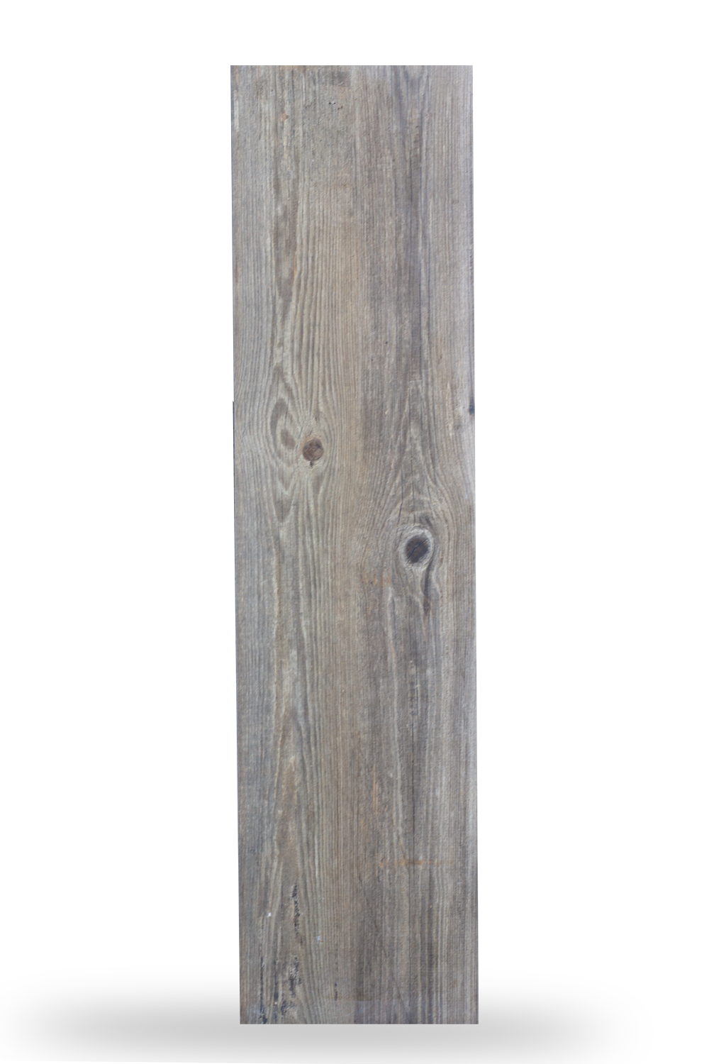 A rectangular wooden plank with a weathered grey-brown finish, displaying natural wood grain patterns and visible knots for an authentic natural wood appearance.