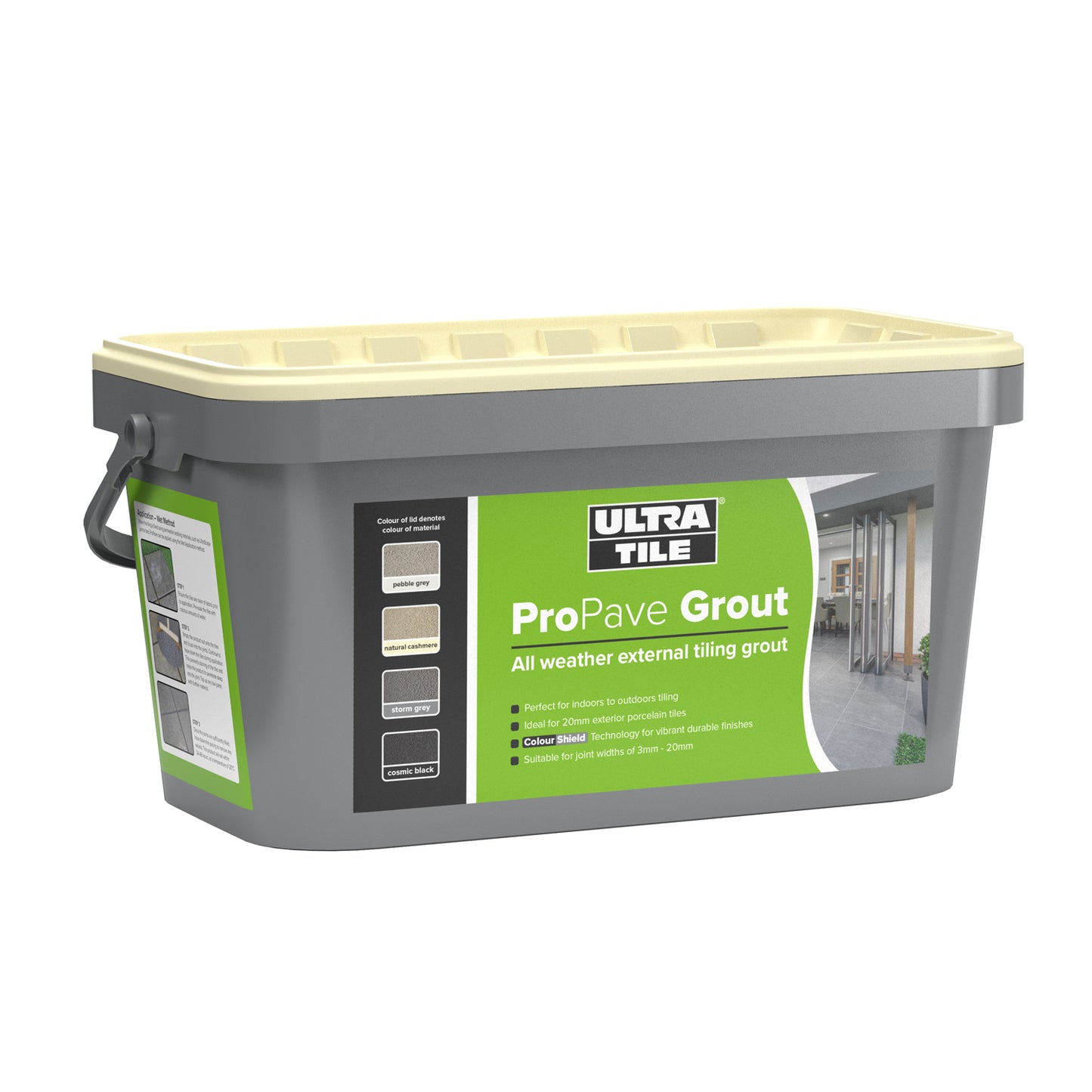 A rectangular plastic tub of Ultra Tile ProPave Grout with a cream lid and handle, featuring a green and grey label indicating it is an all-weather external tile grout ideal for porcelain tile grout applications.