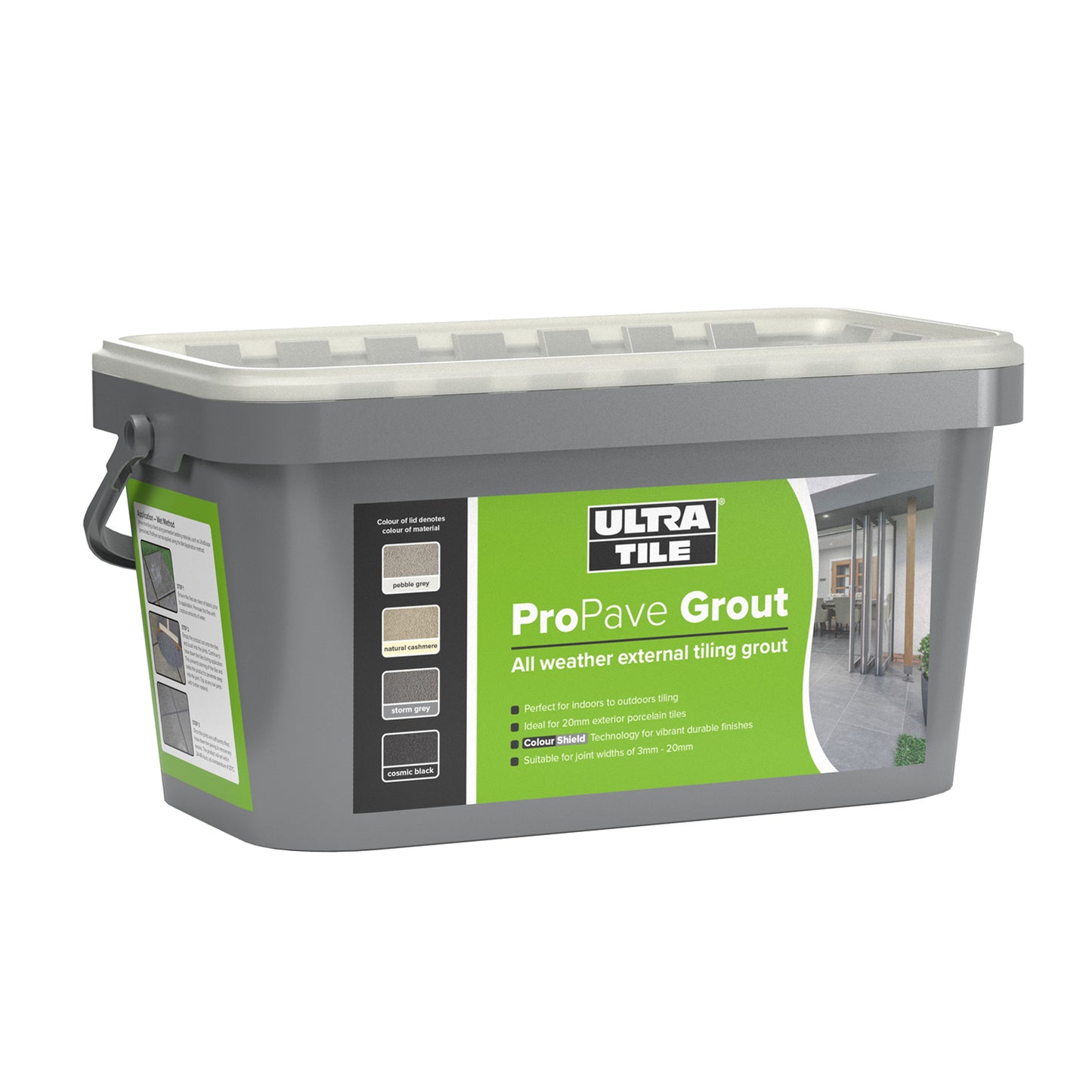 A gray plastic tub of Ultra Tile ProPave Grout, an external tile grout with a green and white label featuring product details and an outdoor tiling image. The tub has a gray handle and a translucent lid.