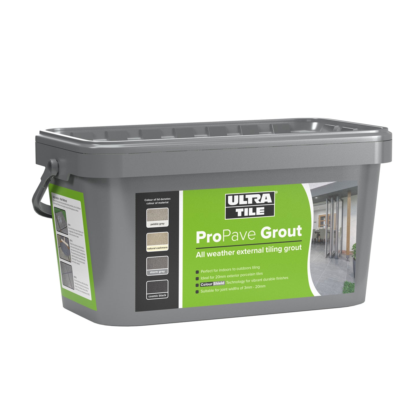 A rectangular gray plastic tub labeled "Ultra Tile ProPave Grout," this external tile grout features a green and white label with product details and a photo of a tiled patio. The tub includes a handle and a sealed lid.