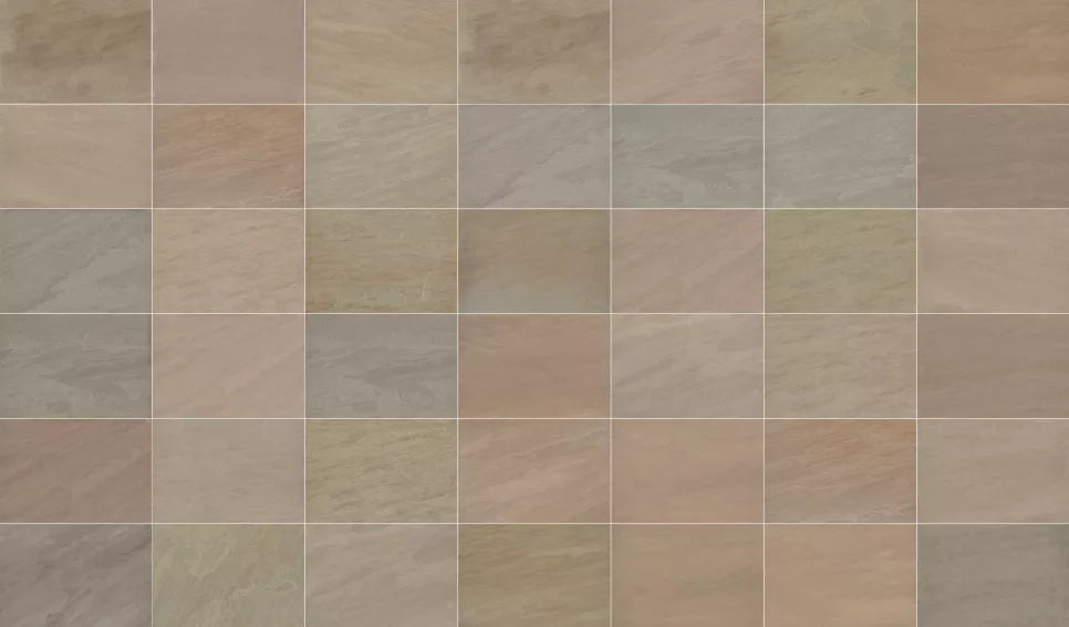 A grid of square Indian porcelain tiles in earthy tones, including shades of beige, tan, gray, and light brown. Each tile has a slightly different marbled texture, echoing the natural beauty of Raj Green Porcelain Paving Slabs.