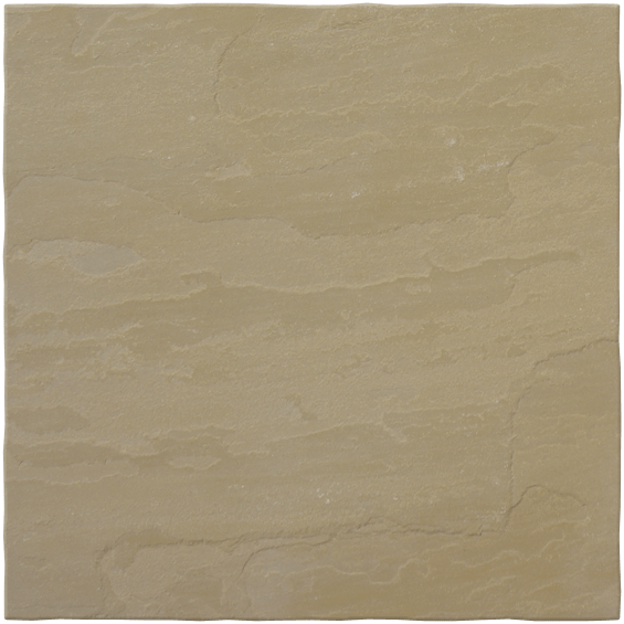 A square beige paving tile with a textured, wavy surface and slightly uneven coloration, resembling natural sandstone. Perfect for creating elegant Raj Green Sandstone Paving or blending seamlessly with other sandstone slabs.
