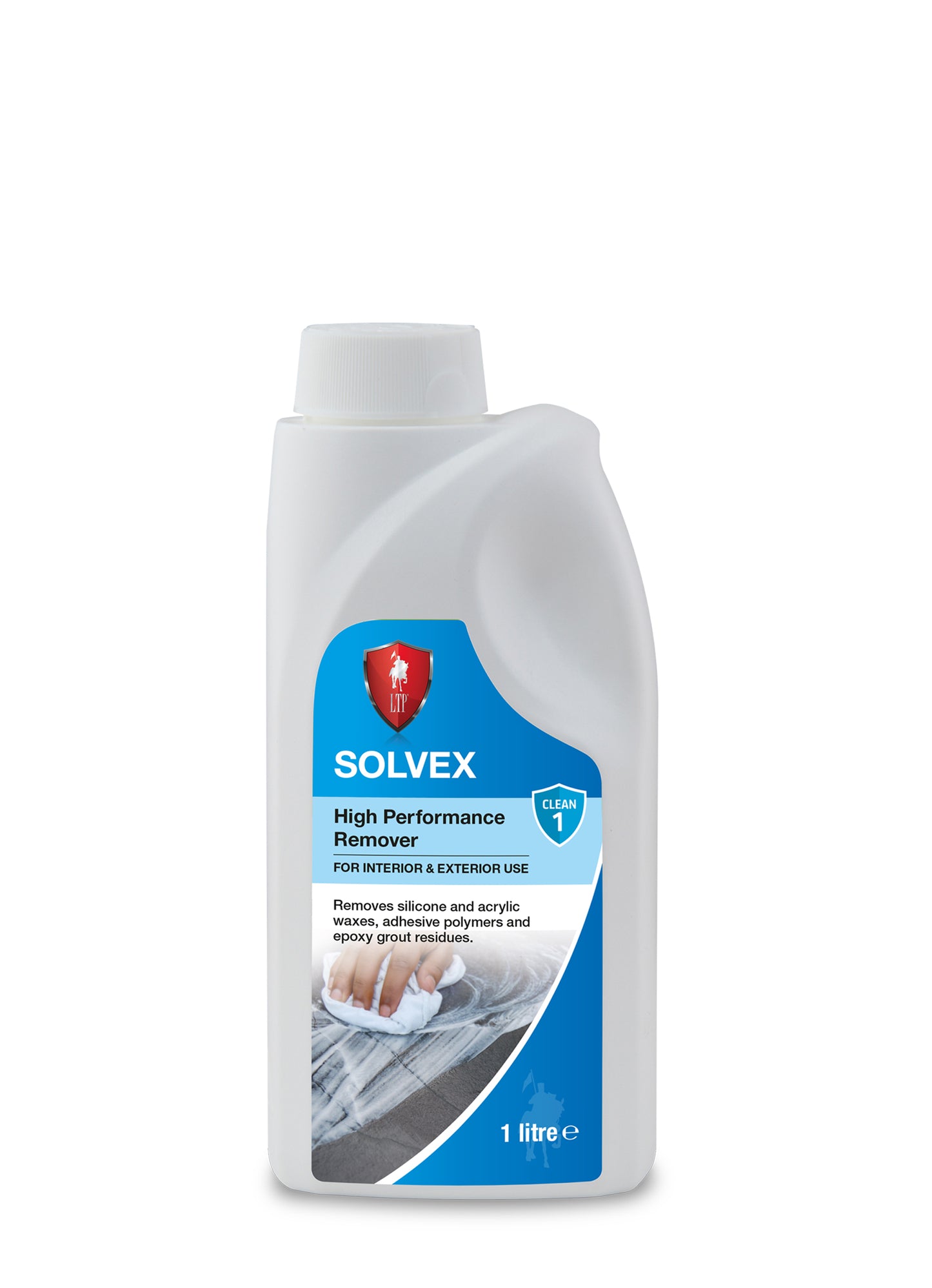 A white 1-litre bottle of Solvex High Performance Remover, featuring a blue label with product details and an image of someone using this epoxy grout remover to clean a tiled surface with a white cloth.