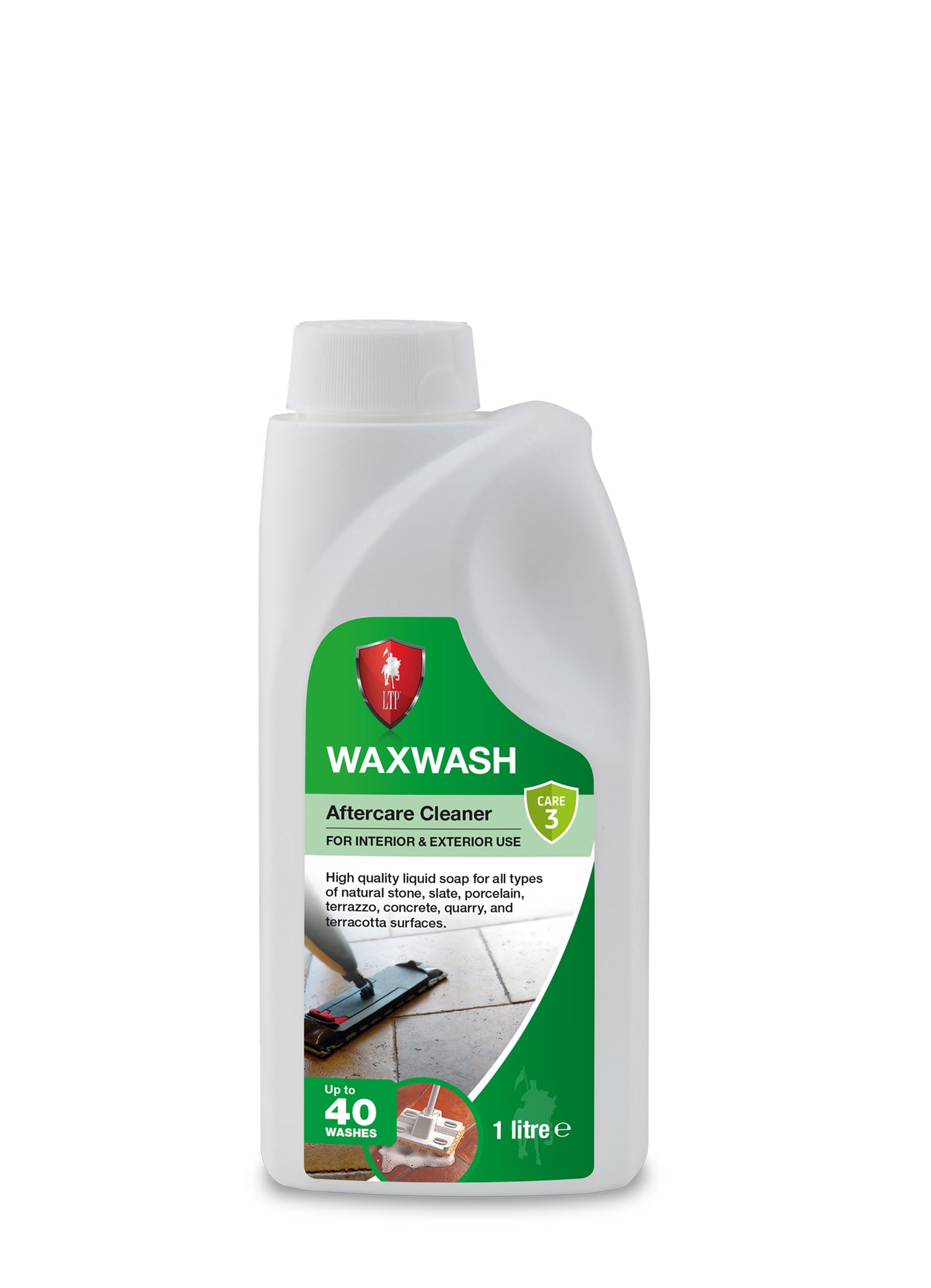 A white plastic bottle of Waxwash Aftercare Cleaner with a green label, designed for interior and exterior use. This delicate surfaces cleaner is ideal for mops on tiled floors, and the 1 litre bottle lasts up to 40 washes.
