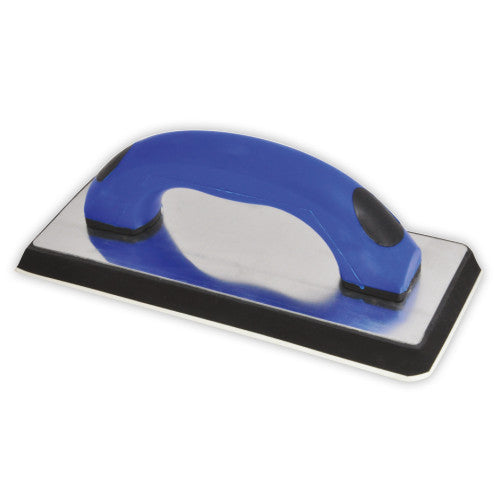 A rectangular grout float with a blue PVC ergonomic handle and a black rubber edge, designed for spreading grout during wall and floor tile installation.