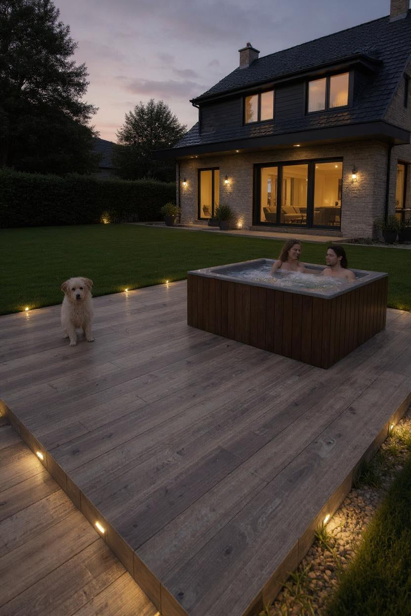 Two people relax in a hot tub on a wooden deck with wood-look porcelain tile in a backyard at dusk, warm lights glowing around them. A fluffy dog sits nearby, backed by a modern house with large windows.