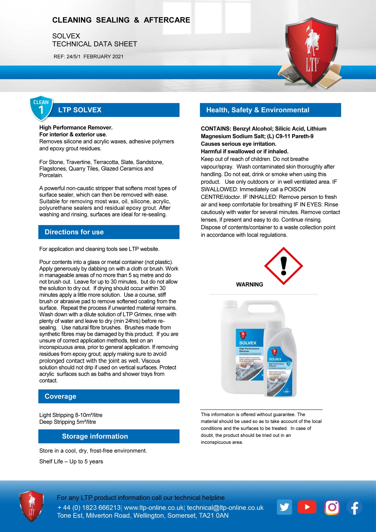 Technical datasheet for LTP Solvex, a sealer remover and epoxy grout remover, featuring sections on product details, uses, application instructions, health, safety and environmental precautions, plus company contact information. Includes warning and hazard icons.