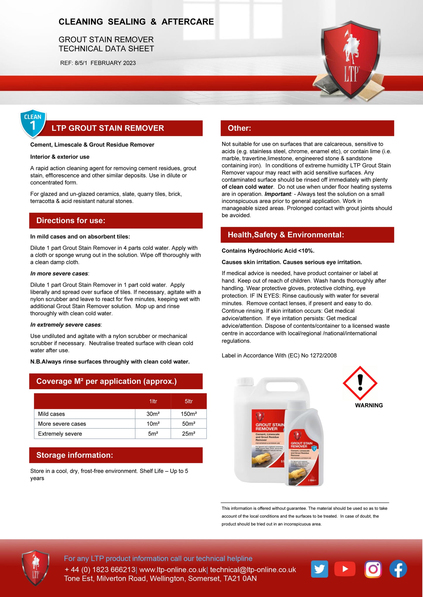 Technical data sheet for LTP Grout Stain Remover; features product description, cleaning instructions, safety information, hazard symbol, and company contact details. Ideal as a grout residue remover and limescale remover. Distinctive red branding and small product images.