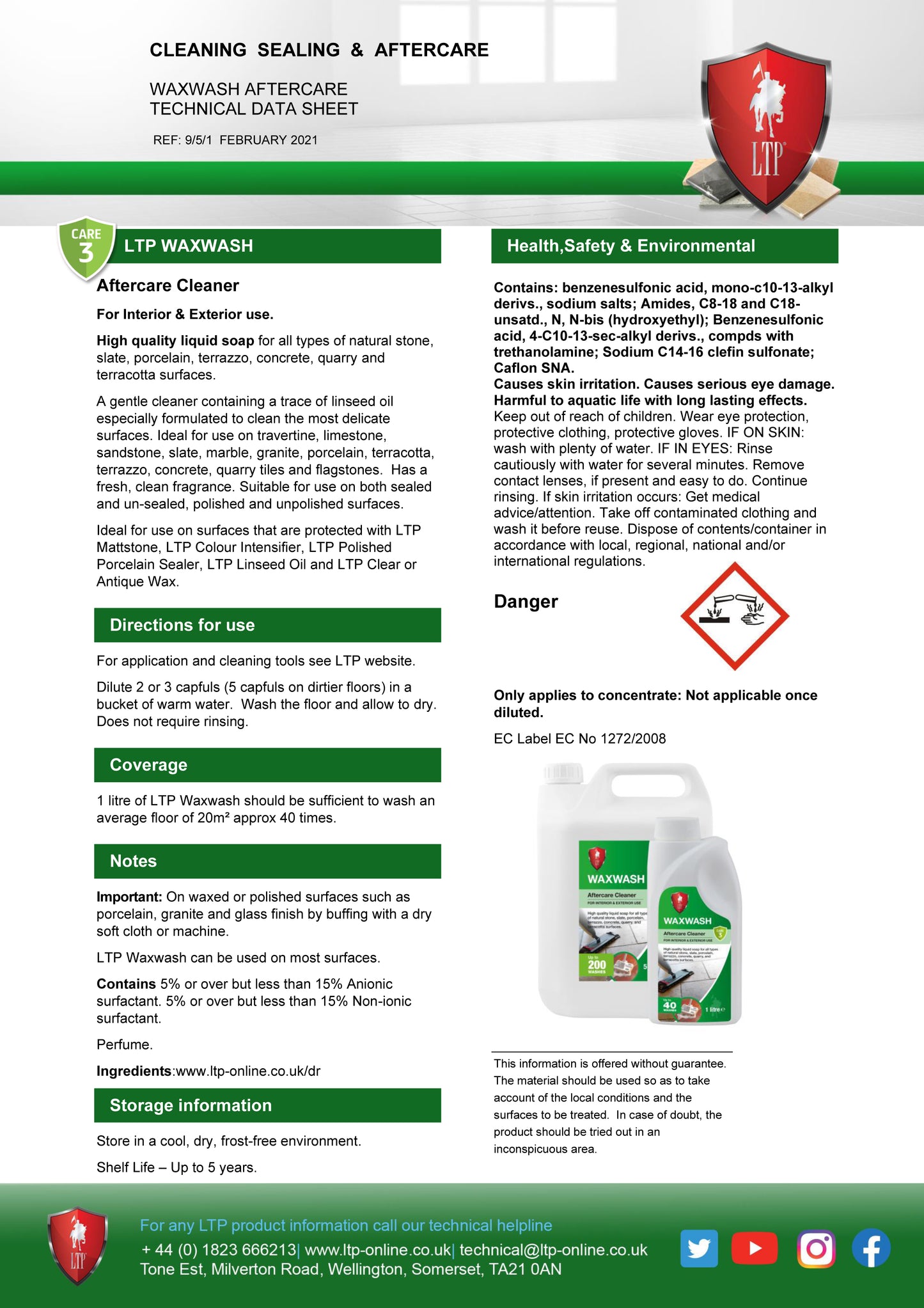 A technical data sheet for "LTP WAXWASH" liquid soap and stone surface cleaner, with product description, usage instructions, safety information, health precautions, and contact details displayed in organized sections on a white and green layout.