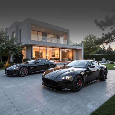 Two sleek black sports cars are parked on a modern gray driveway in front of a stylish contemporary house with large windows, glowing warmly from interior lights, surrounded by trees and a landscaped yard.