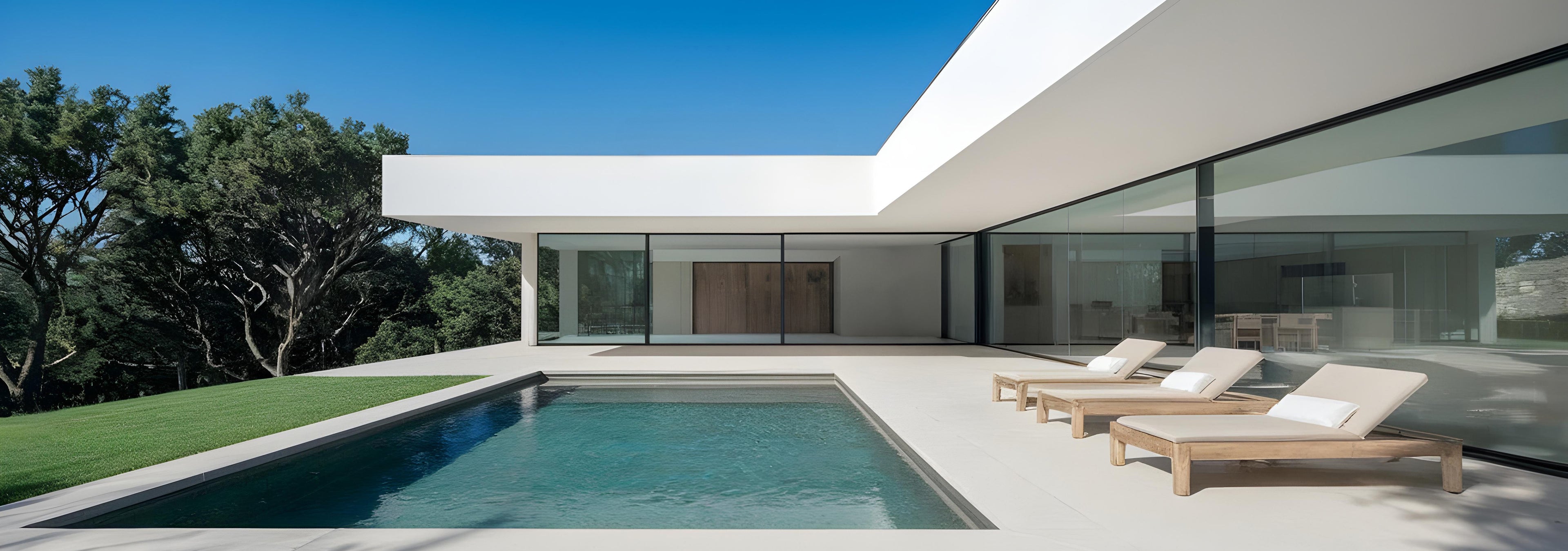 A modern house with large glass windows, a flat white roof, and a minimalist patio featuring three lounge chairs by a rectangular swimming pool, surrounded by grass and trees under a clear blue sky.
