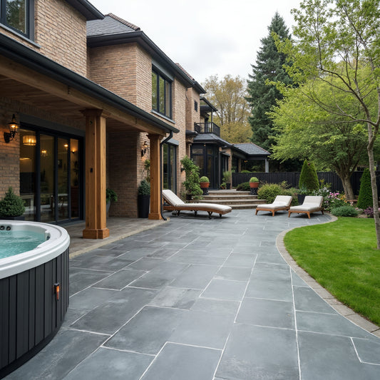 Spacious backyard patio with Palmer Graphite Porcelain Paving Slabs, lounge chairs, a hot tub, and manicured lawn beside a two-story brick house with large windows, surrounded by trees and shrubs.