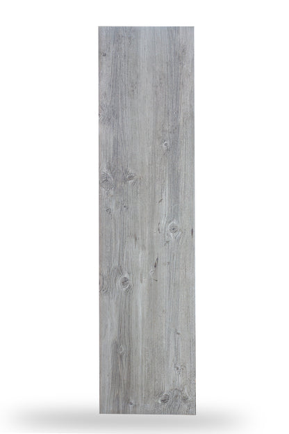 A single rectangular grey wood grain porcelain tile, showcasing natural grain and knot patterns, is displayed vertically against a white background.