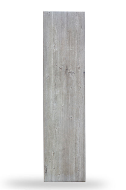 A rectangular, vertically-oriented grey wood grain porcelain tile with a light gray, weathered finish and visible knots, displayed against a plain white background.