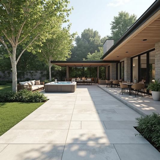 A modern backyard patio with slip-resistant patio tile features a hot tub, outdoor dining area under a wooden roof, and lush landscaping next to a contemporary house with large glass doors.