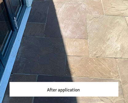 Stone patio tiles next to a glass door, half in sunlight and half in shadow, appear clean and even. A white label at the bottom reads "After application," suggesting a sealer remover or epoxy grout remover was used for treatment or cleaning.