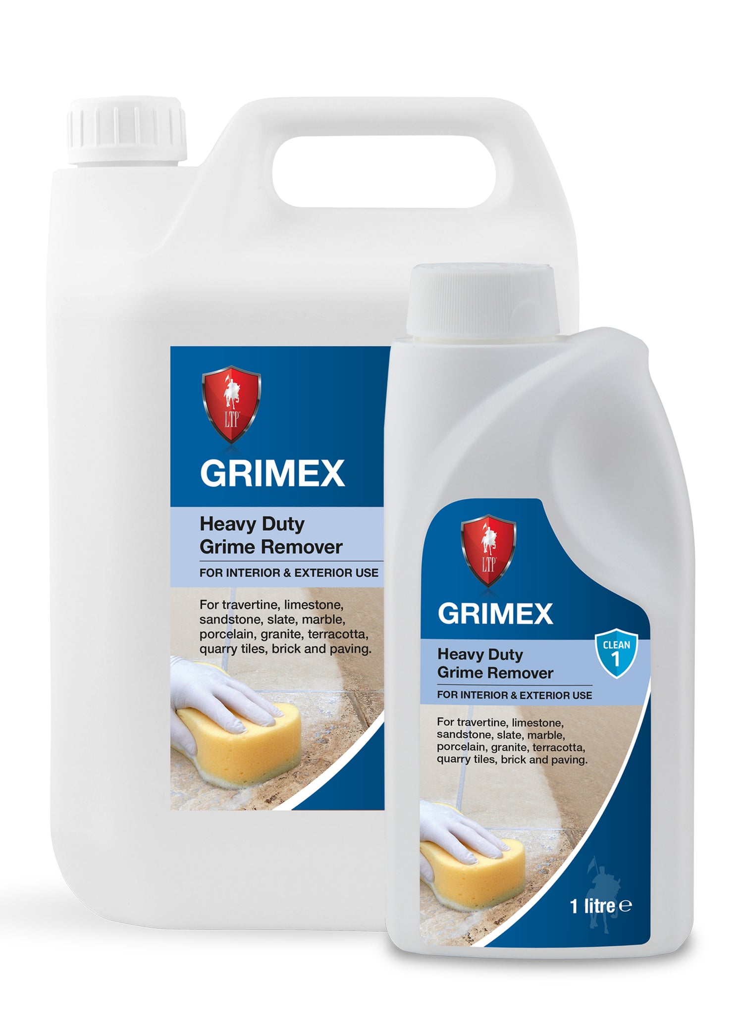 Two white plastic containers of Grimex Heavy Duty Grime Remover, one large and one smaller, both with blue labels showing a hand cleaning a tile with a sponge. These versatile bottles work as an effective tile stain remover for interior and exterior use.