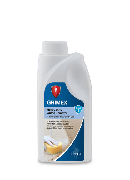 A white 1-litre bottle of Grimex Heavy Duty Grime Remover, featuring a red shield logo and an image of a hand cleaning tiles with a yellow sponge. Acts as a powerful tile stain remover, suitable for interior and exterior use.