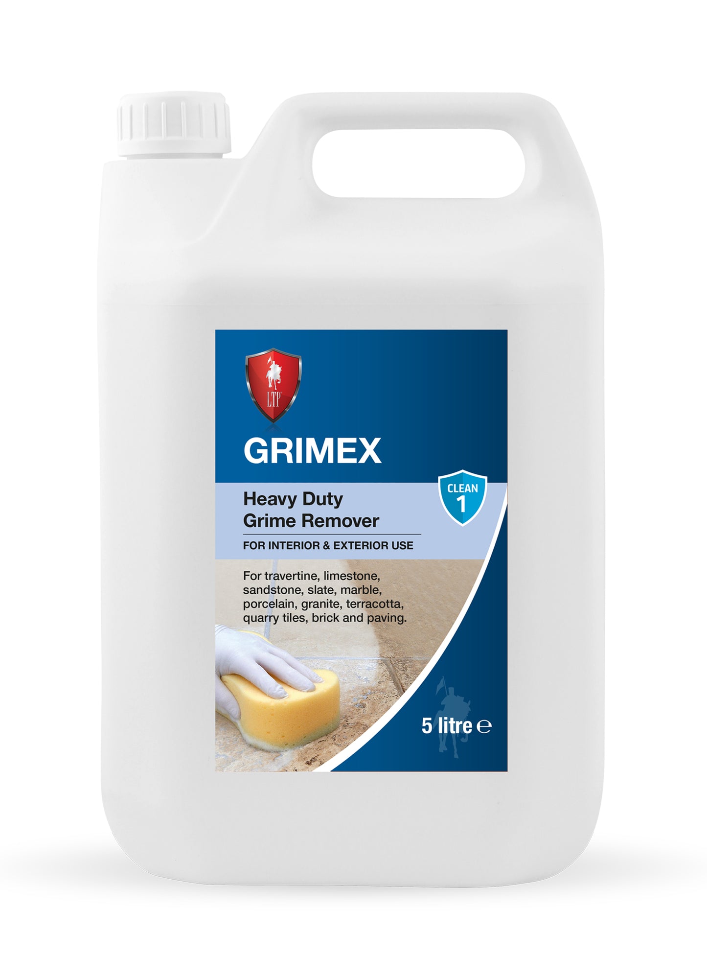 A 5-litre white plastic container of GRIMEX Heavy Duty Grime Remover, a powerful stone cleaner and tile stain remover, featuring a blue label with a hand cleaning tiles. Ideal for stone and tile surfaces, suitable for both interior and exterior use.