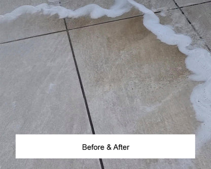 Large outdoor tiles undergo a dramatic transformation with our stone cleaner; the left side is brighter and cleaner, while the right remains dirty, divided by soap suds. Text below reads “Before & After.”.