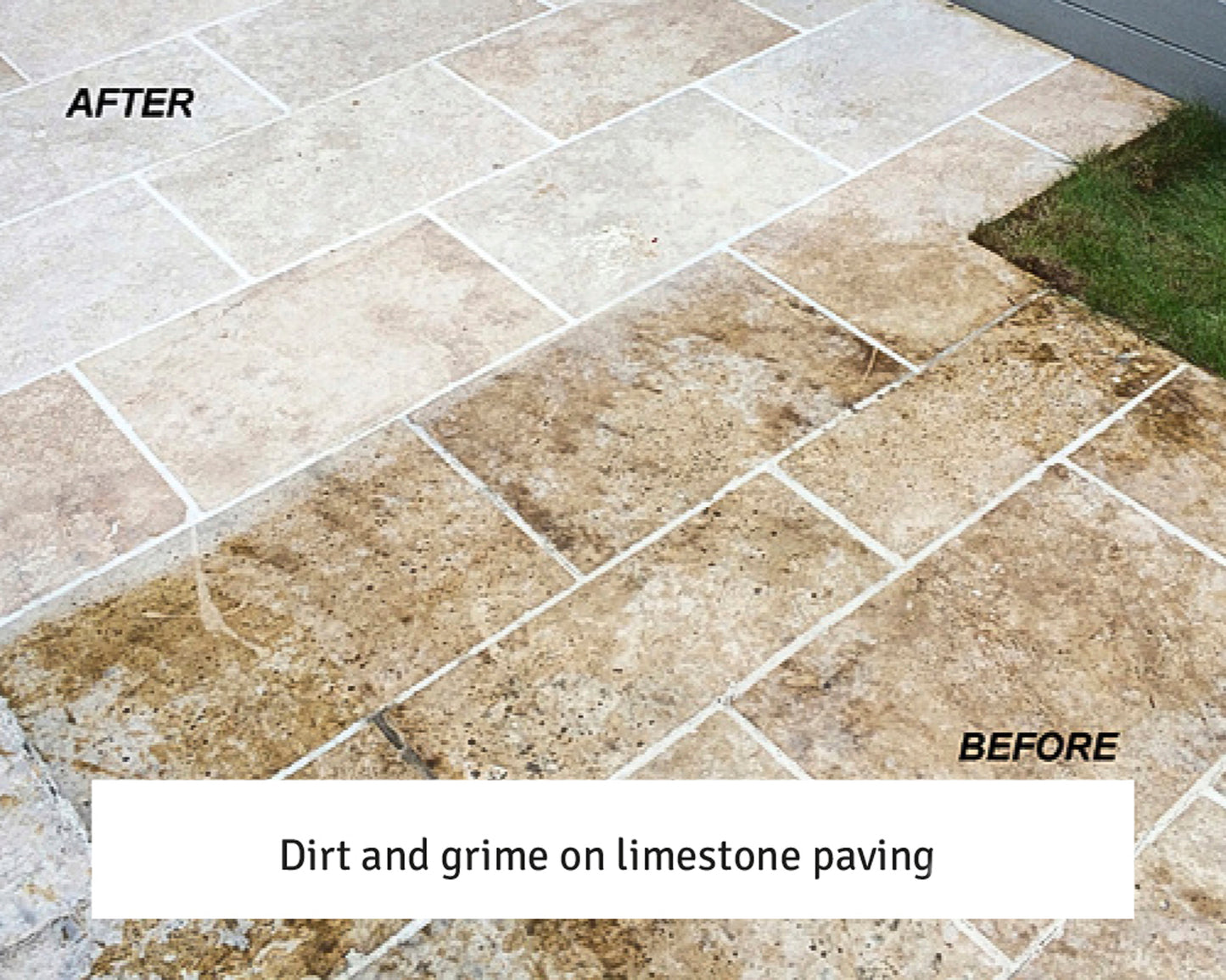 Limestone paving showing a clean section labeled "AFTER" and a dirty, stained section labeled "BEFORE," highlighting the difference after using a powerful stone cleaner for effective restoration.
