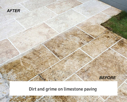 Limestone paving showing a clean section labeled "AFTER" and a dirty, stained section labeled "BEFORE," highlighting the difference after using a powerful stone cleaner for effective restoration.