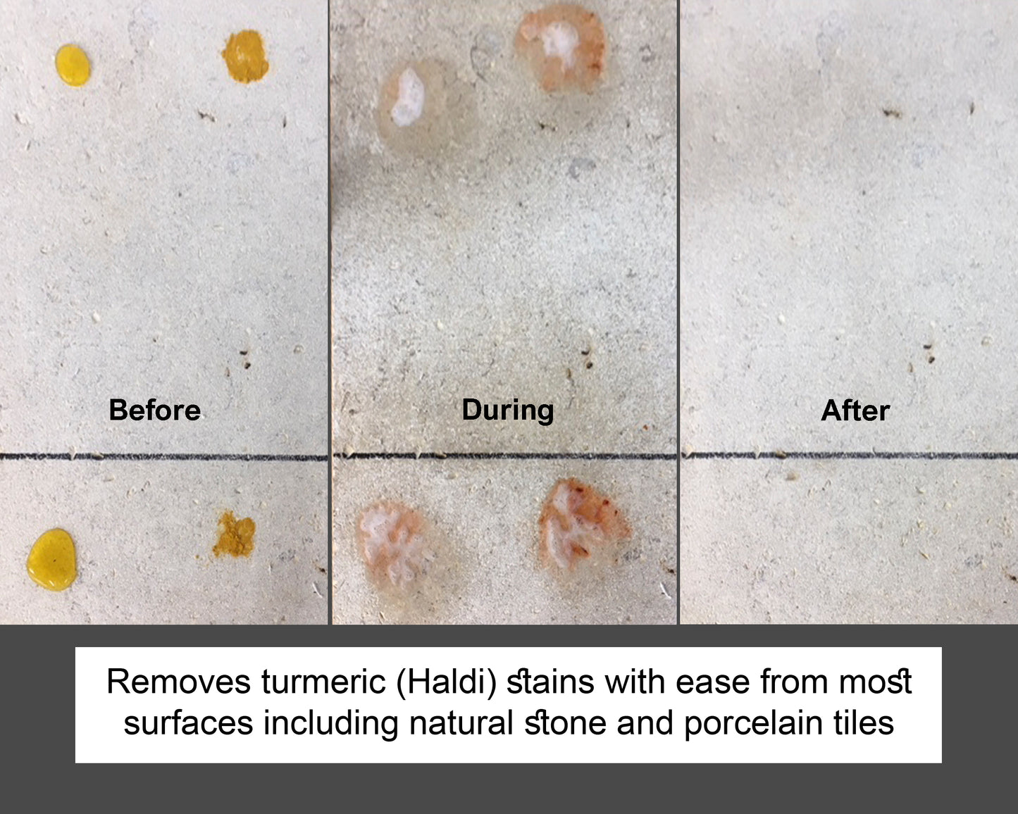 Three sections of a tiled surface labeled “Before,” “During,” and “After” show yellow turmeric stains, the cleaning process, and clean tiles. Text below highlights effective turmeric stain removal using a powerful tile stain remover for stone and porcelain tiles.