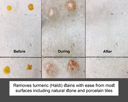 Three sections of a tiled surface labeled “Before,” “During,” and “After” show yellow turmeric stains, the cleaning process, and clean tiles. Text below highlights effective turmeric stain removal using a powerful tile stain remover for stone and porcelain tiles.