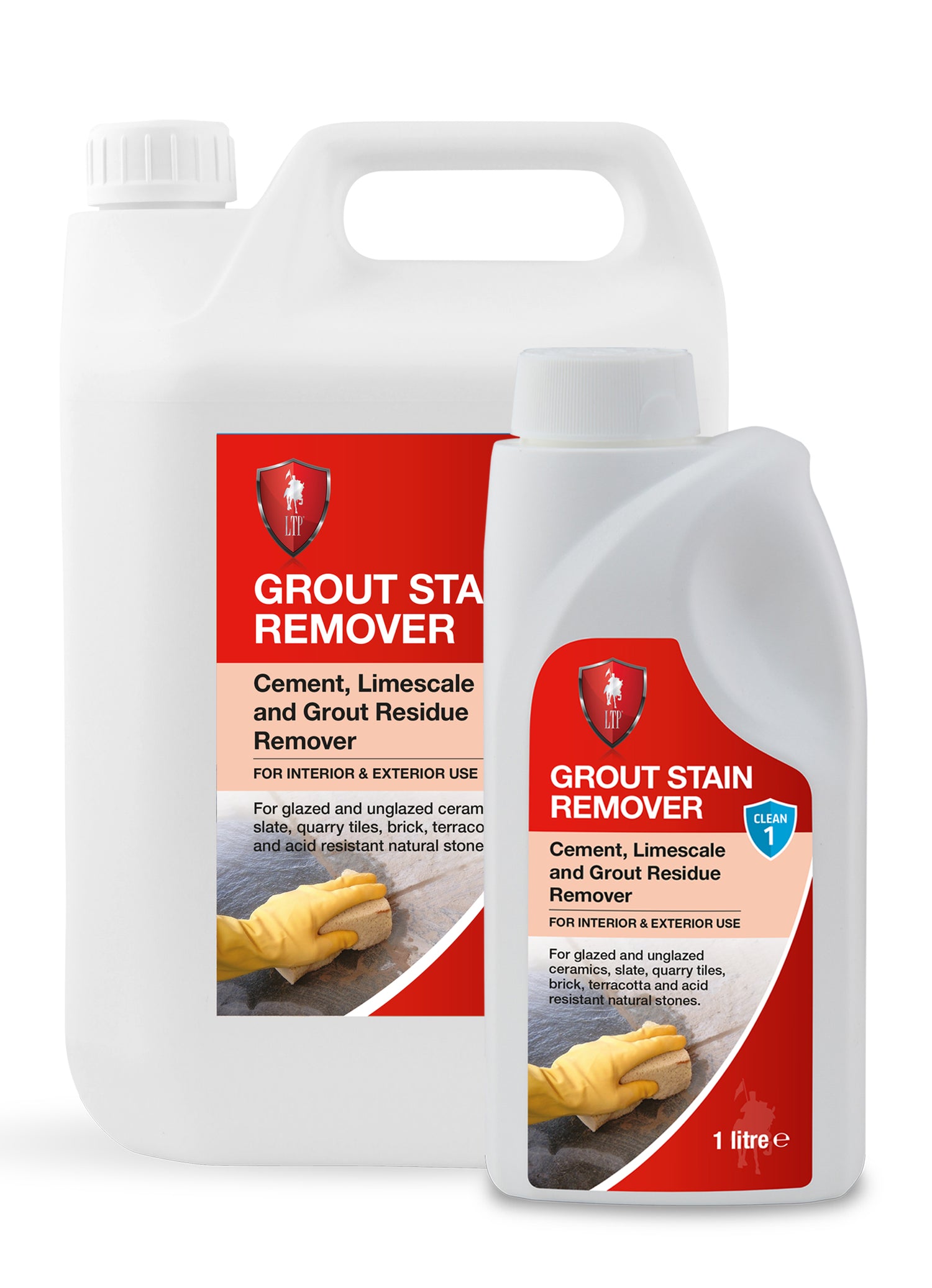 Two white bottles of grout residue remover, one large and one small, with red labels. The labels show a gloved hand scrubbing grout and text describing the product for cleaning cement, limescale, and grout residue.