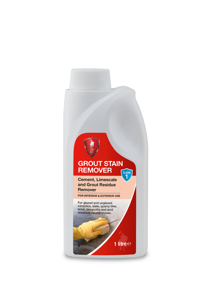 A white 1-litre bottle of grout residue remover with a red label, showing gloved hands cleaning tiles. The label lists its use for removing cement, limescale, and grout residue on glazed and unglazed surfaces.
