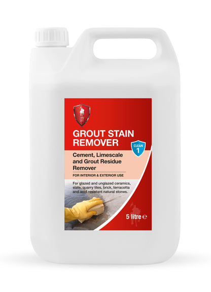 A white 5-litre plastic container labeled "Grout Stain Remover" acts as a powerful limescale remover for cement and grout residue. The label features a gloved hand cleaning tiles and lists usage details for various surfaces.