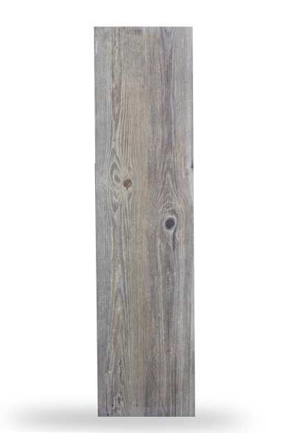 A rectangular wooden plank with a weathered grey-brown finish, displaying natural wood grain patterns and visible knots for an authentic natural wood appearance.