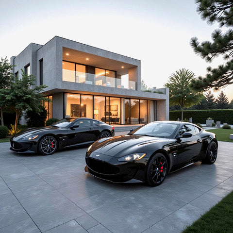 Two sleek black sports cars are parked on a modern home's driveway at dusk, which is finished with stylish Palmer Graphite Porcelain Paving Slabs. The house features large glass windows and an upper balcony, surrounded by trees and a manicured lawn.