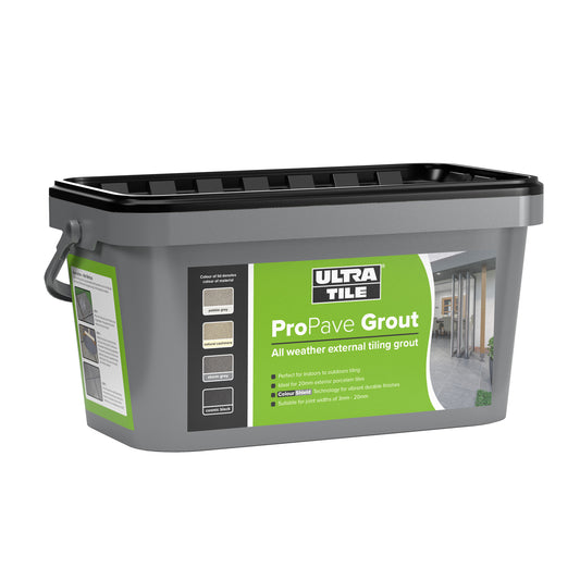 A rectangular gray plastic tub of Ultra Tile ProPave Grout with a black lid and handle. The label highlights "all weather external tile grout" and features images of different grout colors, a patio area, and is ideal for porcelain tile grout.