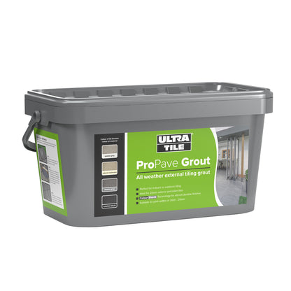 A rectangular gray plastic tub labeled "Ultra Tile ProPave Grout," this external tile grout features a green and white label with product details and a photo of a tiled patio. The tub includes a handle and a sealed lid.
