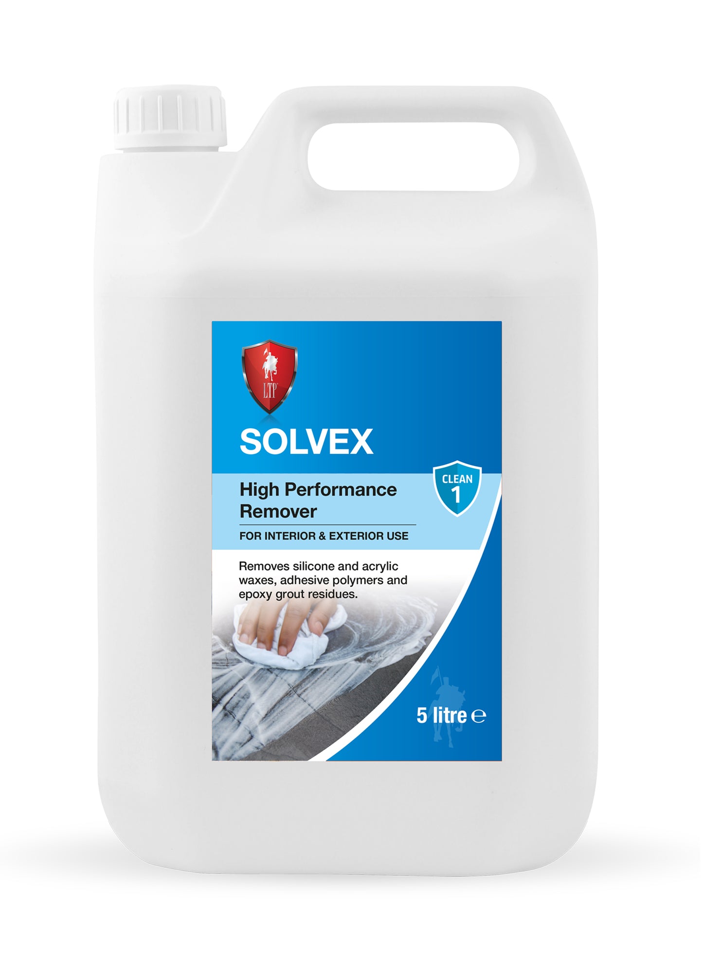 A 5-litre white plastic container of Solvex High Performance Remover with a blue label, used as a powerful sealer remover and epoxy grout remover. The label shows product details and a gloved hand cleaning a surface.