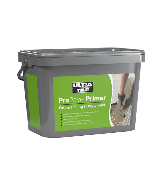 A gray plastic tub of ProPave Primer with a green label, showing a hand spreading primer on outdoor tiles. The label highlights it as an external tiling system paving slurry primer for porcelain and natural stone.