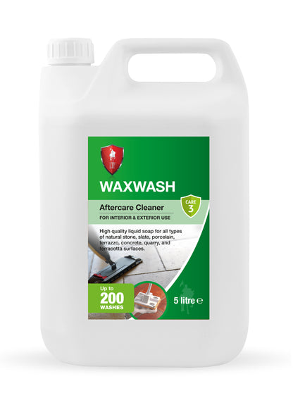 A 5-litre white plastic container of Waxwash Aftercare Cleaner, a liquid soap with a green label showing clean floors. Suitable as a stone surface cleaner for both interior and exterior use, it lasts up to 200 washes.