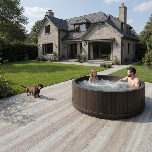 A man and woman relax in a round outdoor hot tub on a wooden deck with wood look porcelain tile, while a brown dog stands nearby. Behind them is a modern stone house with large windows, a green lawn, and trees.